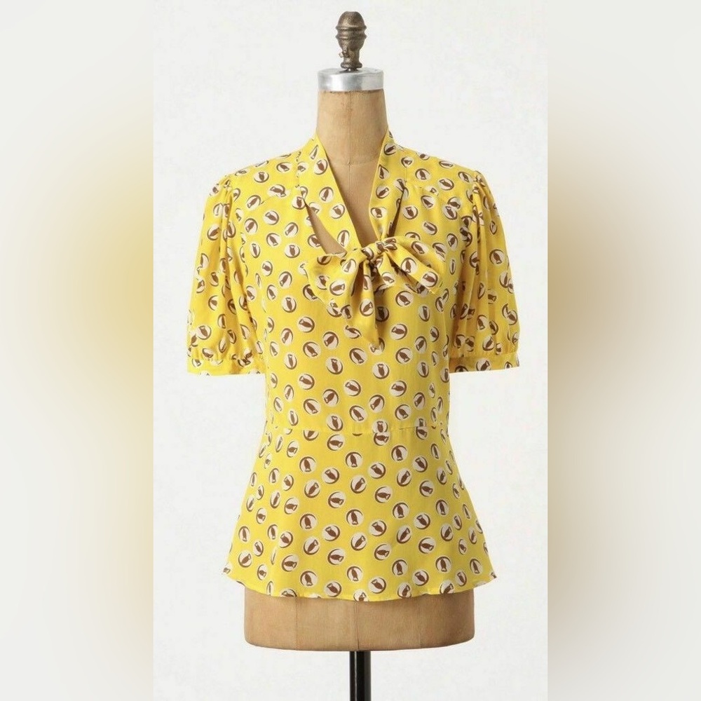 Anthropologie Girls From Savoy Lemon Liftoff Owl Print Silk Tie-Neck Blouse 10